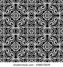Seamless black background with white pattern in baroque style. Vector retro illustration. Ideal for printing on fabric or paper for wallpapers, textile, wrapping. 