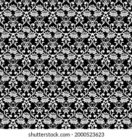 Seamless black background with white pattern in baroque style. Vector retro illustration. Ideal for printing on fabric or paper for wallpapers, textile, wrapping. 