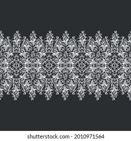 Seamless black background with white pattern in baroque style. Vector retro illustration. Ideal for printing on fabric or paper for wallpapers, textile, wrapping. 