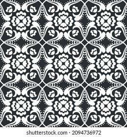 Seamless black background with white pattern in baroque style. Vector retro illustration. Ideal for printing on fabric or paper for wallpapers, textile, wrapping. 