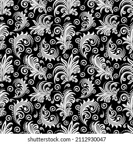 Seamless black background with white pattern in baroque style. Vector retro illustration. Ideal for printing on fabric or paper for wallpapers, textile, wrapping. 