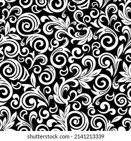 Seamless black background with white pattern in baroque style. Vector retro illustration. Ideal for printing on fabric or paper for wallpapers, textile, wrapping. 