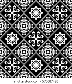 Seamless black background with white pattern in baroque style. Vector retro illustration. Ideal for printing on fabric or paper.