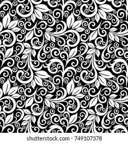 Seamless black background with white pattern in baroque style. Vector retro illustration. Ideal for printing on fabric or paper.