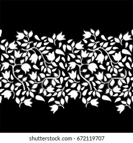 Seamless black background with white tulips pattern. Ideal for printing on fabric or paper. Vector illustration.
