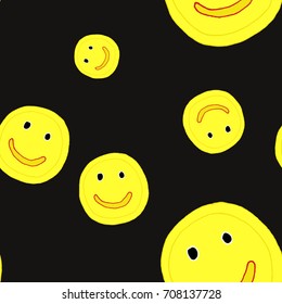 Seamless black background and yellow smiles vector pattern