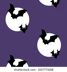 Seamless Black Bats White Super Moon Structured Veri Peri Violet Background Vector Pattern