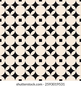 Seamless Black and Beige Geometric Pattern with Circles and Squares, Vector EPS