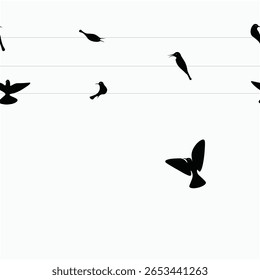 Seamless black bird pattern in silhouette style, featuring birds sitting and flying on straight wires. Minimalist and modern design is perfect for wallpapers, fabrics, and digital backgrounds