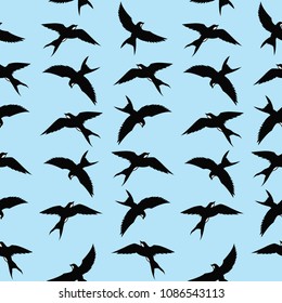 Seamless black birds pattern on blue background