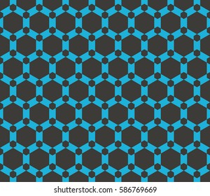 Seamless black and blue hexagonal fractal grid pattern vector