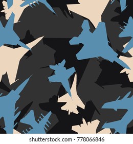 Seamless black blue and white military jet fighters aircraft silhouettes camouflage pattern vector