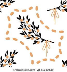 Seamless black branch pattern with berries on white background, simple minimalistic universal print, bold accent, greek style, elegant pattern, vector illustration, repeat design decor, stylish nature