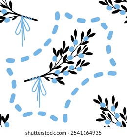 Seamless black branch pattern with berries on white background, minimalistic universal print with bright blue accent, greek style elegant design, vector repeat illustration, stylish decor, modern wall