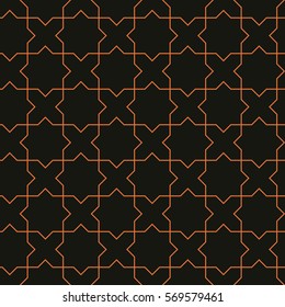 Seamless black and bronze orange islamic hexagonal stars outline pattern vector