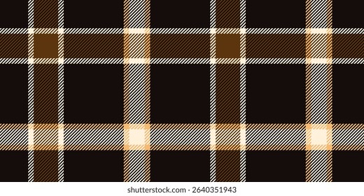 Seamless black, brown, and cream tartan plaid pattern with diagonal stripes. Geometric checkered design for fabric, wallpaper, or digital backgrounds. Vector repeatable textile texture