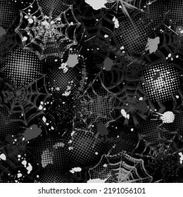 Seamless black camouflage pattern in grunge style with spiderweb, paint brush strokes, blots, round halftone shapes. Dense random chaotic composition. Good for apparel, fabric, textile, sport goods