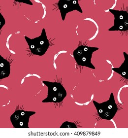 Seamless black cat with brush strokes vector pattern