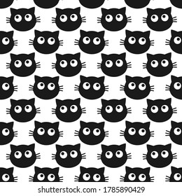 Seamless of black cat kitten head on white background vector. Cute cartoon character.
