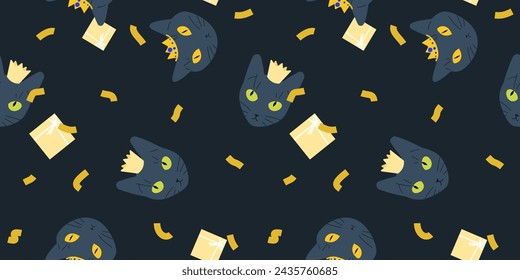 Patrón de gato negro sin costuras. Cabeza de animal lindo con corona, regalos y confeti. Fondo repetitivo festivo de lujo azul ruso. Celebración del evento. Fondo de Navidad o cumpleaños.