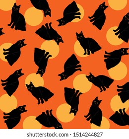 Seamless black cat pattern design. Black cats background. Halloween pattern with cats