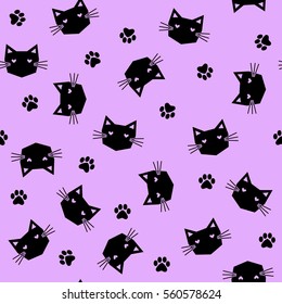 Seamless black cats with paws pattern on purple background