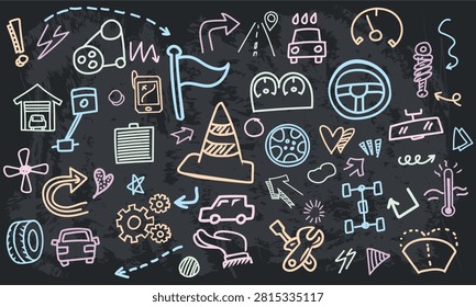A seamless black chalkboard pattern displaying auto car wash stations, repair garages, steering wheels, and traffic cones with arrow lines.
* Keywords: