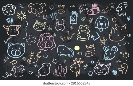 A seamless black chalkboard pattern presenting adorable animal heads, wildlife nature concepts, and fauna education elements with arrow lines.