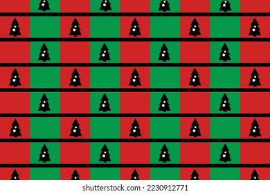 Seamless black Christmas tree paper on the green and red background