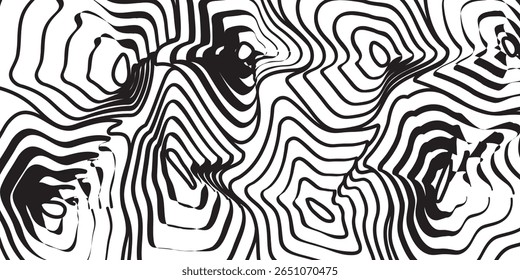 Linhas de contorno preto contínuo formando padrões de mapa topográfico abstrato em fundo branco. Ideal para texturas, projetos de elevação e visuais científicos. 
