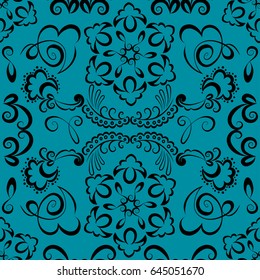 Seamless black contour pattern on a dark turquoise background