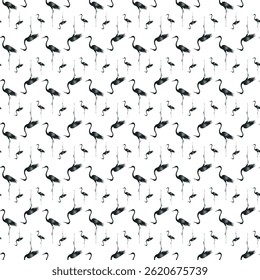 Seamless Black Crane Bird Pattern with White Background for Elegant Design