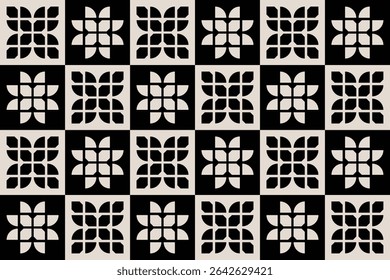 Seamless black and cream mid century modern geometric pattern for backgrounds, fabric design, home decor.