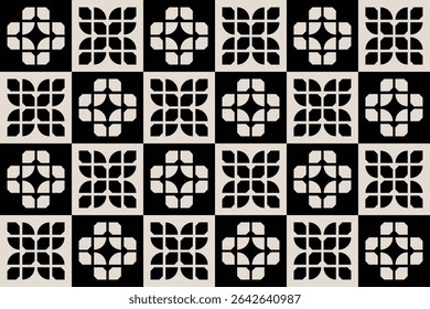 Seamless black and cream mid century modern geometric pattern for backgrounds, fabric design, home decor.