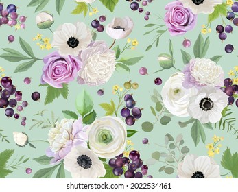 Seamless black currant pattern with summer berries, fruits, leaves, flowers background. Vector illustration watercolor style for spring cover, tropical wallpaper texture, backdrop, wedding invitation