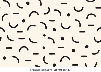 Nahtlose schwarze Doodle-Elemente bilden ein sich wiederholendes minimales Muster mit Bögen und Punkten auf Creme.
