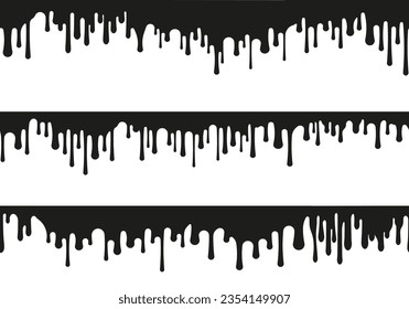 Seamless black drips. Abstract dribble splatter stains, comic dribble flow, oil stain dribble wallpaper. Vector texture. Border with dripping paint, spooky design with leaking liquid