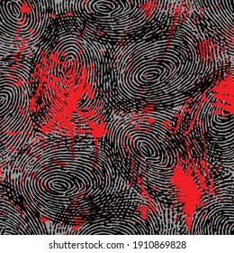 Patrón de siluetas sin huella dactilar negra. Siluetas de manchas de tinta roja con identificación de sospechoso de crimen