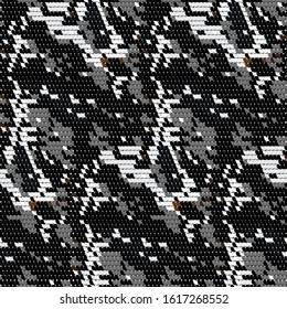 Seamless black fish scale pattern for clothes. Fabric texture with shiny round sparkles. Abstract background. Geometric color pattern with circles. Vector illustration.