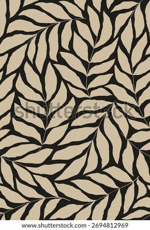 Seamless black floral background with amber leaves. Hand drawn minimal abstract organic shapes pattern. 