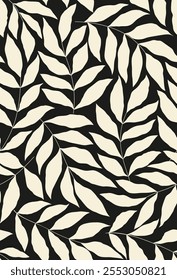 Seamless black floral background with grey leaves. Hand drawn minimal abstract organic shapes pattern. Delicate vector black abstact pattern with grey leaves.