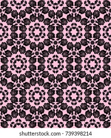 Seamless black floral lace on a pink background
