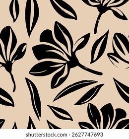 Seamless black floral pattern with abstract flowers and leaves on beige background