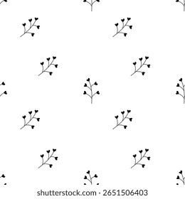 Seamless black floral pattern with heart-shaped leaves on delicate branches, arranged symmetrically to evoke elegance, romance, and natural charm.