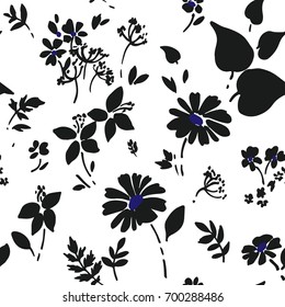 Seamless black floral pattern with meadow flowers on white background.