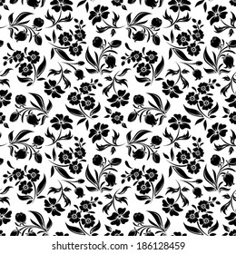 Seamless black floral pattern on white. Vector illustration.