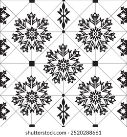 Patrón floral negro inconsútil en azulejos blancos con diseños geométricos