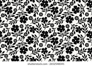 Padrão floral preto contínuo sobre fundo branco, com flores florescentes e ramos folhosos, perfeito para o tecido, papel de parede e design moderno.
