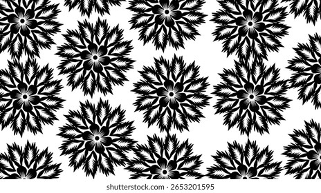 A seamless black floral pattern on a white background creates a striking and elegant design for various applications.