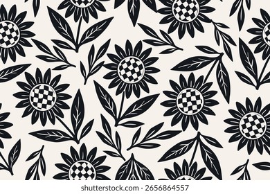 Patrón floral negro sin fisuras sobre fondo crema con flores estilizadas, hojas y bayas. Look atrevido, dibujado a mano, ideal para textiles y Fondos de pantalla.
